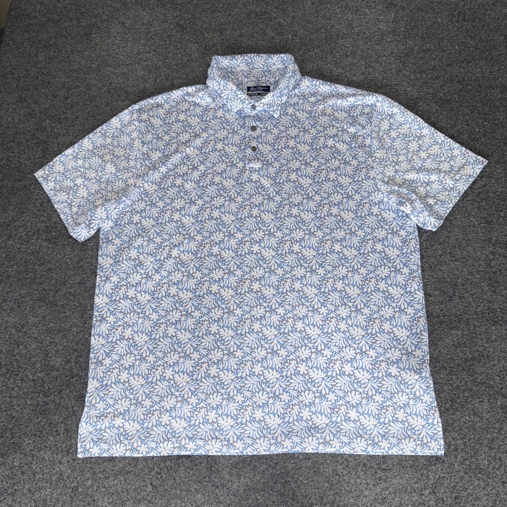 Ben Hogan Mens XL Blue Floral Leaf Golf Polo Shirt Stretch Short Sleeve Athletic